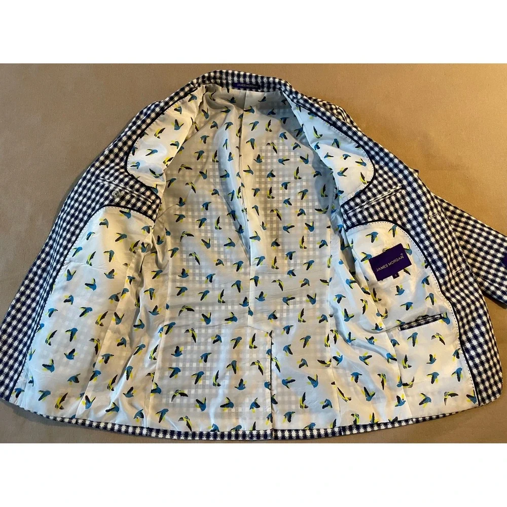 James Morgan Boys Gingham Blazer Size 16 Blue White Patch Pockets Elbow Patches